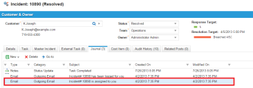 The Journal tab shows emails sent and received.